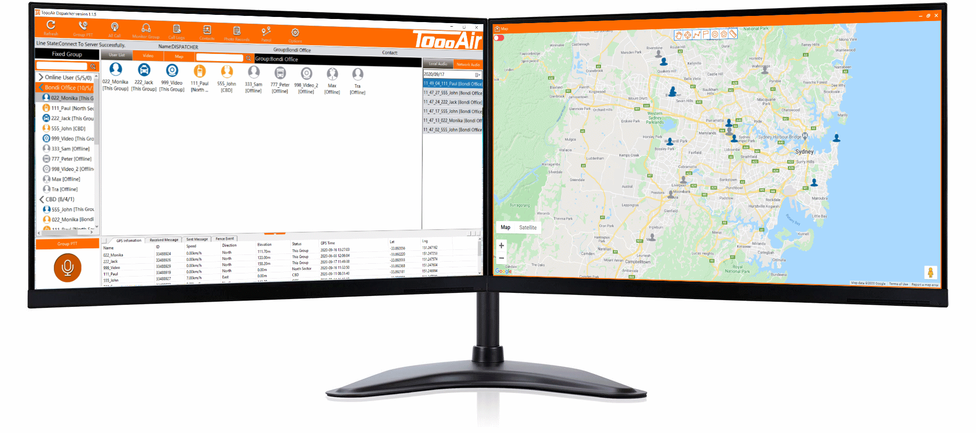 Dispatcher Software. The user interface of the ToooAir-PTT.